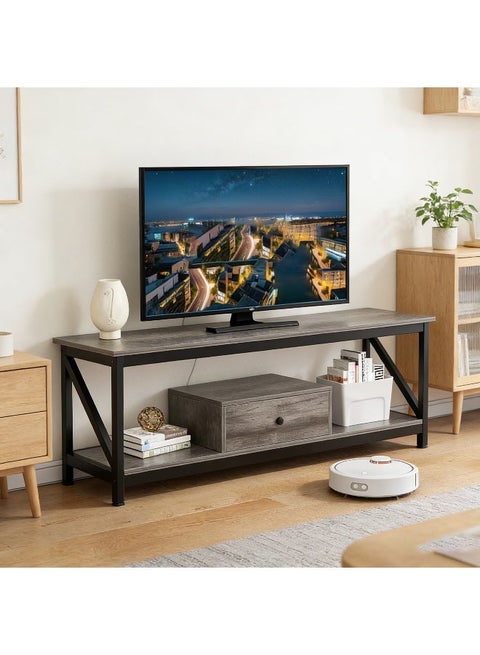 Anvanke modern Industrial TV Stand 140cm | Fits 60/65 Inch TV | Grey Oak with Storage Shelves & Drawer | Living Room Media Console (140x40x43cm)